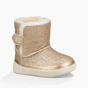 Ugg Baby Keelan Sparkle Glitter Fur Lined Velcro Closure Boots Gold Size 4/5 EUC